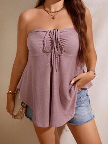 SHEIN Unity Plus Drawstring Front Eyelet Embroidery Tube Top - Dusty Pink - View 5