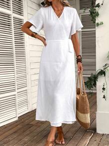 SHEIN Clasi 素色側打結圍裹式連衣裙 - 白色 - 查看 2