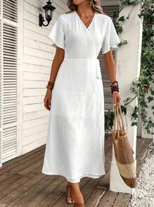 SHEIN Clasi 素色側打結圍裹式連衣裙 - 白色 - 查看 1