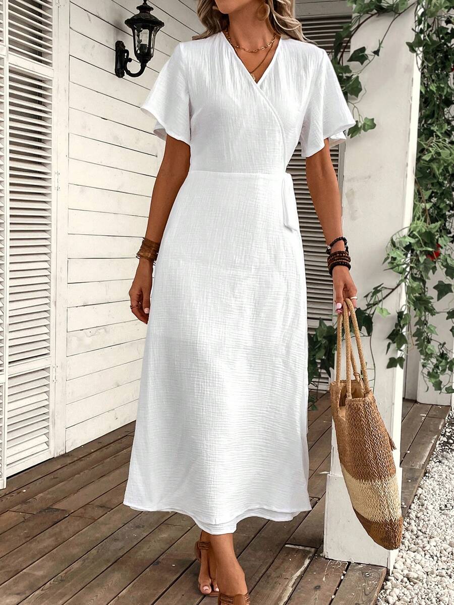 SHEIN Clasi 素色側打結圍裹式連衣裙 - 白色 - 查看 1