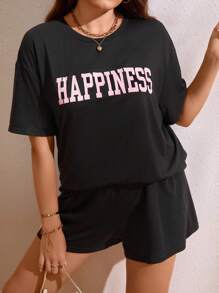 Flirla 大碼字母圖案落肩T恤和短褲 - 黑色 - 查看 1