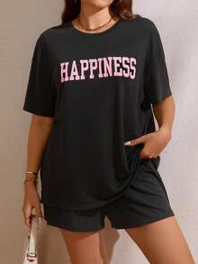 Flirla 大碼字母圖案落肩T恤和短褲 - 黑色 - 查看 3