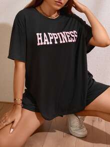 Flirla 大碼字母圖案落肩T恤和短褲 - 黑色 - 查看 4