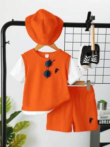SHEIN Young Boy 2 In 1 Colourblock Tee & Shorts & Hat - Orange - View 1