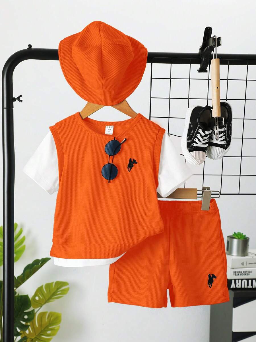 SHEIN Young Boy 2 In 1 Colourblock Tee & Shorts & Hat - Orange - View 1