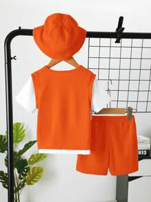SHEIN Young Boy 2 In 1 Colourblock Tee & Shorts & Hat - Orange - View 2
