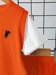 SHEIN Young Boy 2 In 1 Colourblock Tee & Shorts & Hat - Orange - View 4