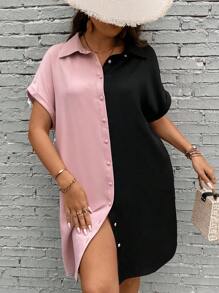 SHEIN LUNE 大碼雙色蝙蝠袖襯衫連衣裙 - 彩色 - 查看 1