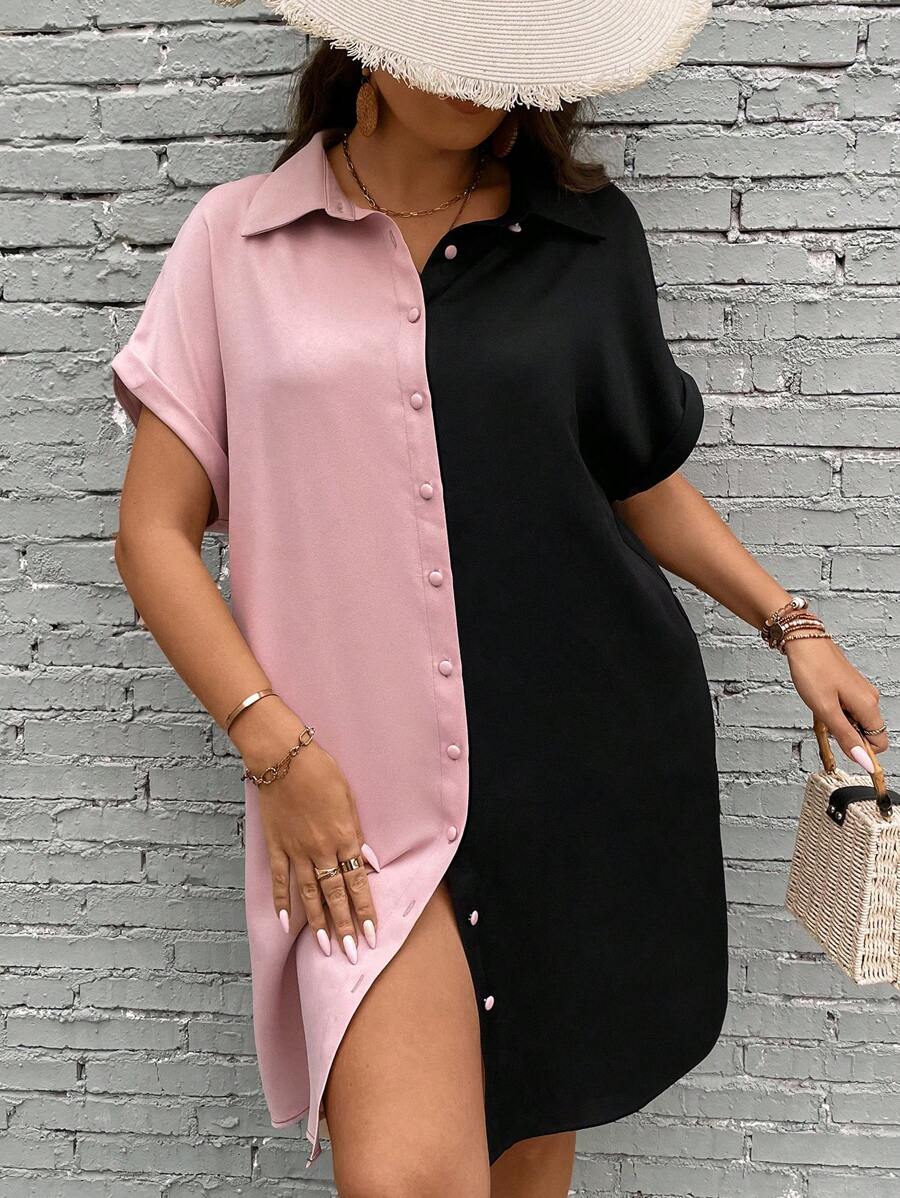 SHEIN LUNE 大碼雙色蝙蝠袖襯衫連衣裙 - 彩色 - 查看 1