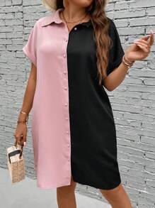 SHEIN LUNE 大碼雙色蝙蝠袖襯衫連衣裙 - 彩色 - 查看 3