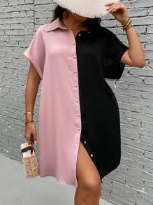 SHEIN LUNE 大碼雙色蝙蝠袖襯衫連衣裙 - 彩色 - 查看 5