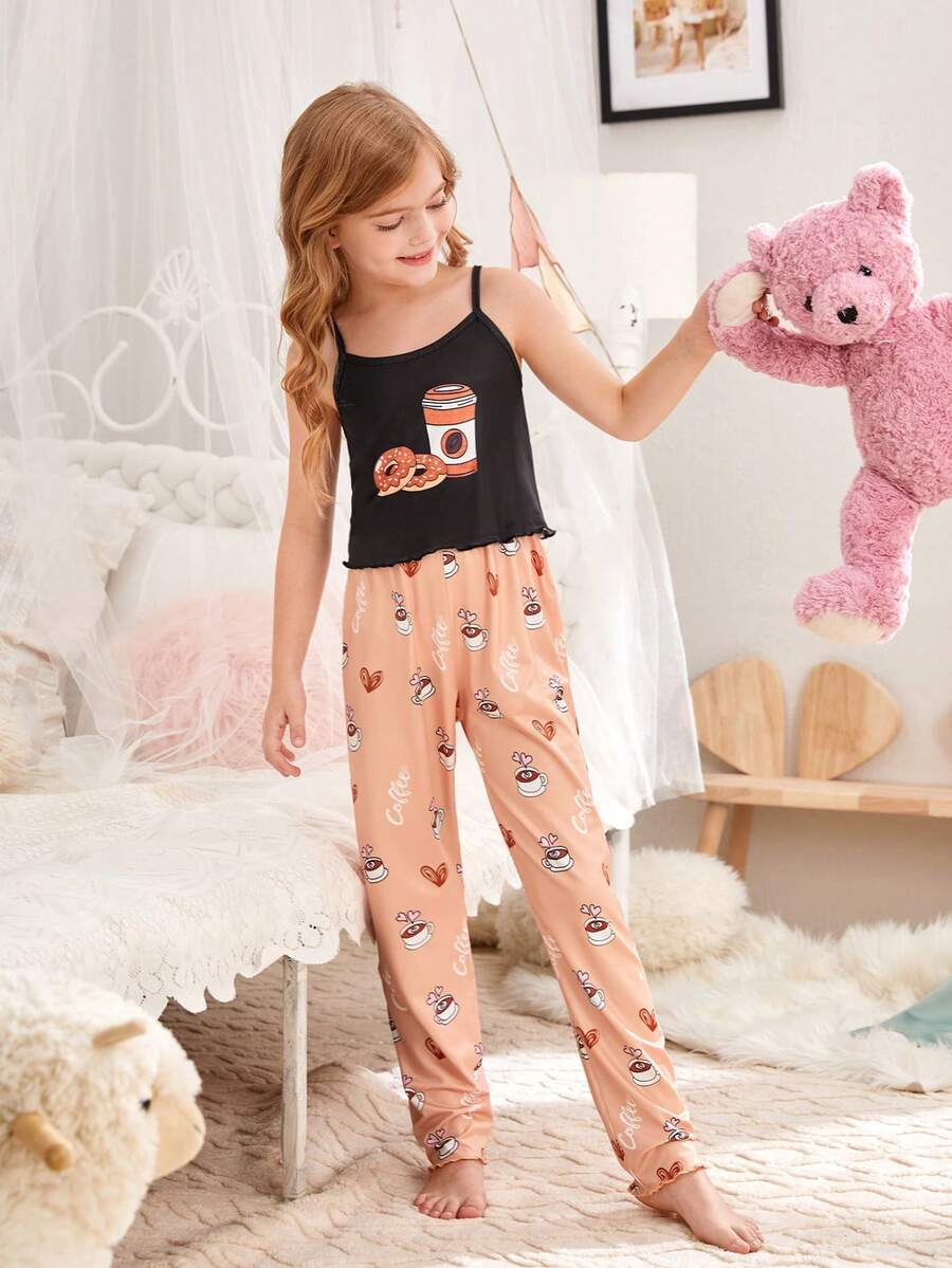Girls Cartoon Graphic Lettuce Trim Cami Top & Trousers PJ Set - Multicolor - View 1