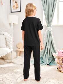 女大童標語圖案T恤和褲子睡衣套裝 - 黑色 - 查看 2