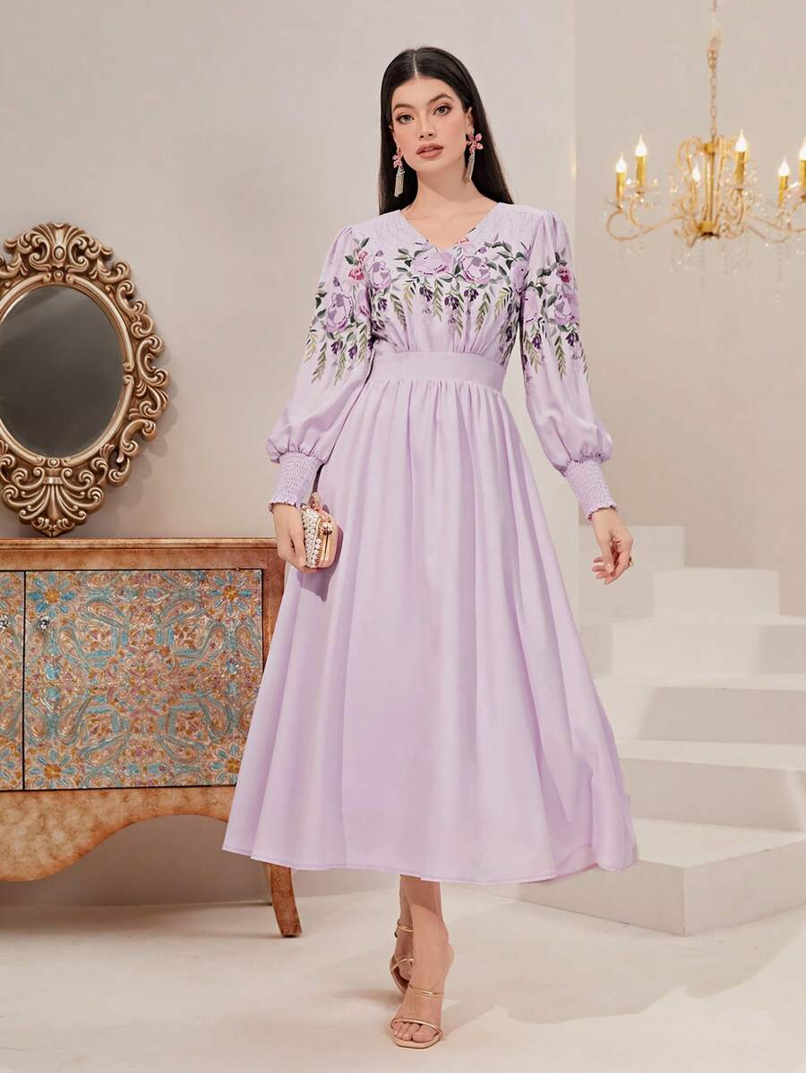 Modelyn 印花燈籠袖A字連衣裙