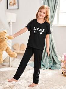 女大童標語圖案T恤和褲子睡衣套裝 - 黑色 - 查看 4