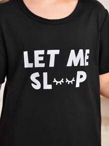 女大童標語圖案T恤和褲子睡衣套裝 - 黑色 - 查看 5