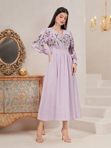 Modelyn 印花燈籠袖A字連衣裙