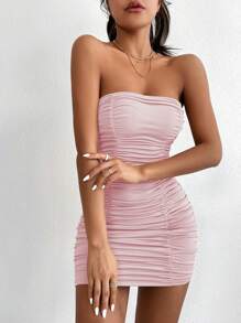 SHEIN Privé Đầm Xù màu trơn Gợi cảm - Màu Hồng baby - Xem 3