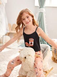 Girls Cartoon Graphic Lettuce Trim Cami Top & Trousers PJ Set - Multicolor - View 6