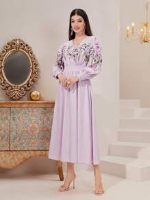 Modelyn 印花燈籠袖A字連衣裙