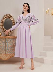 Modelyn 印花燈籠袖A字連衣裙