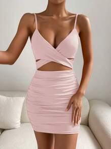 Chiquease Criss Cross Front Ruched Cut Out Cami Bodycon Dress - Pink - View 5