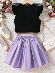 Girls Letter Graphic Ruffle Trim Tee & Pleated Skirt - Multicolor - View 2