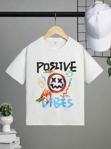 SHEIN 男孩街頭風火焰,手繪字母和印花針織T恤,休閒夏天穿戴 - 白色 - 查看 1