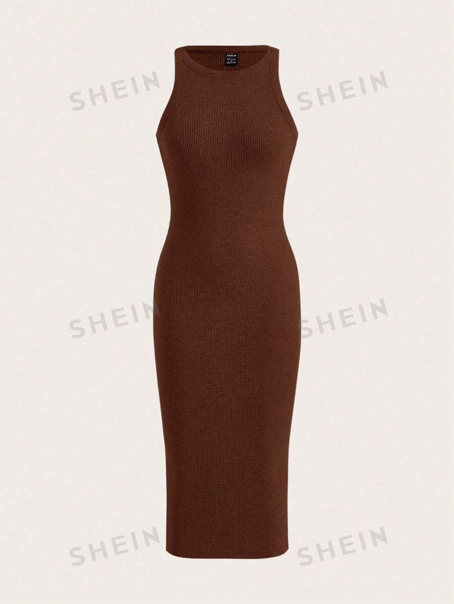 SHEIN EZwear Vestido ajustado unicolor tejido de canalé - Café integral - Ver 1