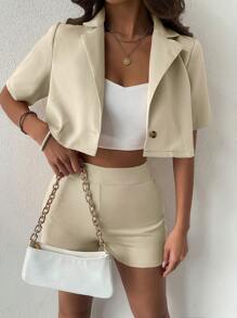 SHEIN Essnce Bộ âu phục nữ Nút màu trơn Thanh lịch - Màu be - Xem 3