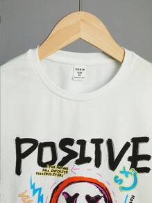 SHEIN 男孩街頭風火焰,手繪字母和印花針織T恤,休閒夏天穿戴 - 白色 - 查看 5