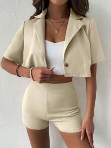 SHEIN Essnce Bộ âu phục nữ Nút màu trơn Thanh lịch - Màu be - Xem 5