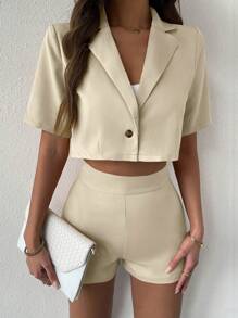 SHEIN Essnce Bộ âu phục nữ Nút màu trơn Thanh lịch - Màu be - Xem 6