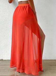 SHEIN Privé 素色高衩網紗半身裙 - 橘色 - 查看 2