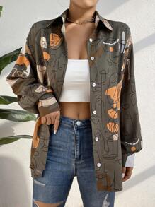 SHEIN Unity Áo sơ mi nữ Nút phía trước Con số Giải trí - màu đen - Xem 1