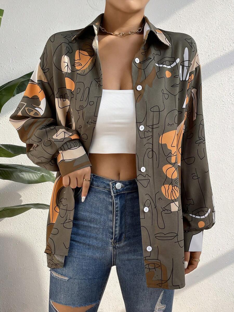 SHEIN Unity Áo sơ mi nữ Nút phía trước Con số Giải trí - màu đen - Xem 1