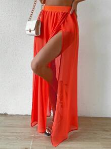 SHEIN Privé 素色高衩網紗半身裙 - 橘色 - 查看 4