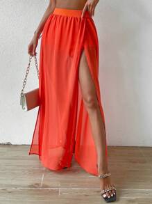 SHEIN Privé 素色高衩網紗半身裙 - 橘色 - 查看 5