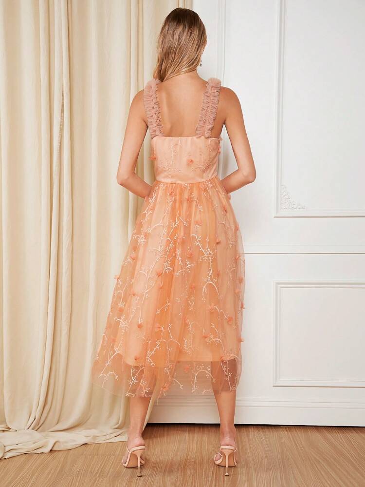 Floral Embroidery Mesh Overlay Cami Bridesmaid Dress