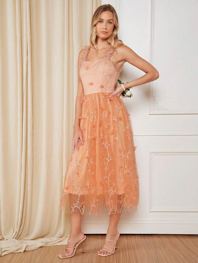 Floral Embroidery Mesh Overlay Cami Bridesmaid Dress