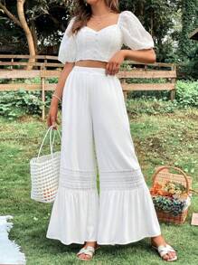 SHEIN VCAY 蕾絲拼接荷葉邊闊腿褲 - 白色 - 查看 4