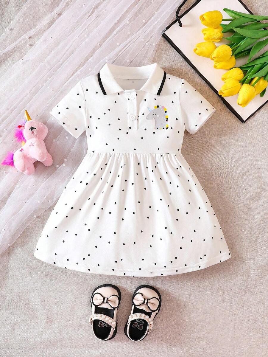 Đứa bé gái Chấm bi & Kỳ lân in Cổ Polo Đầm - trắng - Xem 1