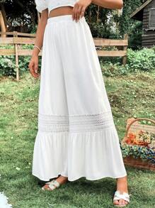 SHEIN VCAY 蕾絲拼接荷葉邊闊腿褲 - 白色 - 查看 1