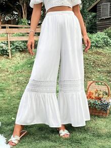 SHEIN VCAY 蕾絲拼接荷葉邊闊腿褲 - 白色 - 查看 3