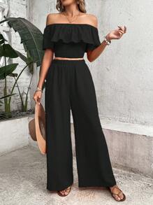 Breezaya Off Shoulder Ruffle Trim Crop Top & Wide Leg Trousers - Black - View 3