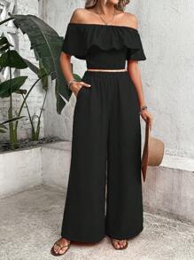 Breezaya Off Shoulder Ruffle Trim Crop Top & Wide Leg Trousers - Black - View 4