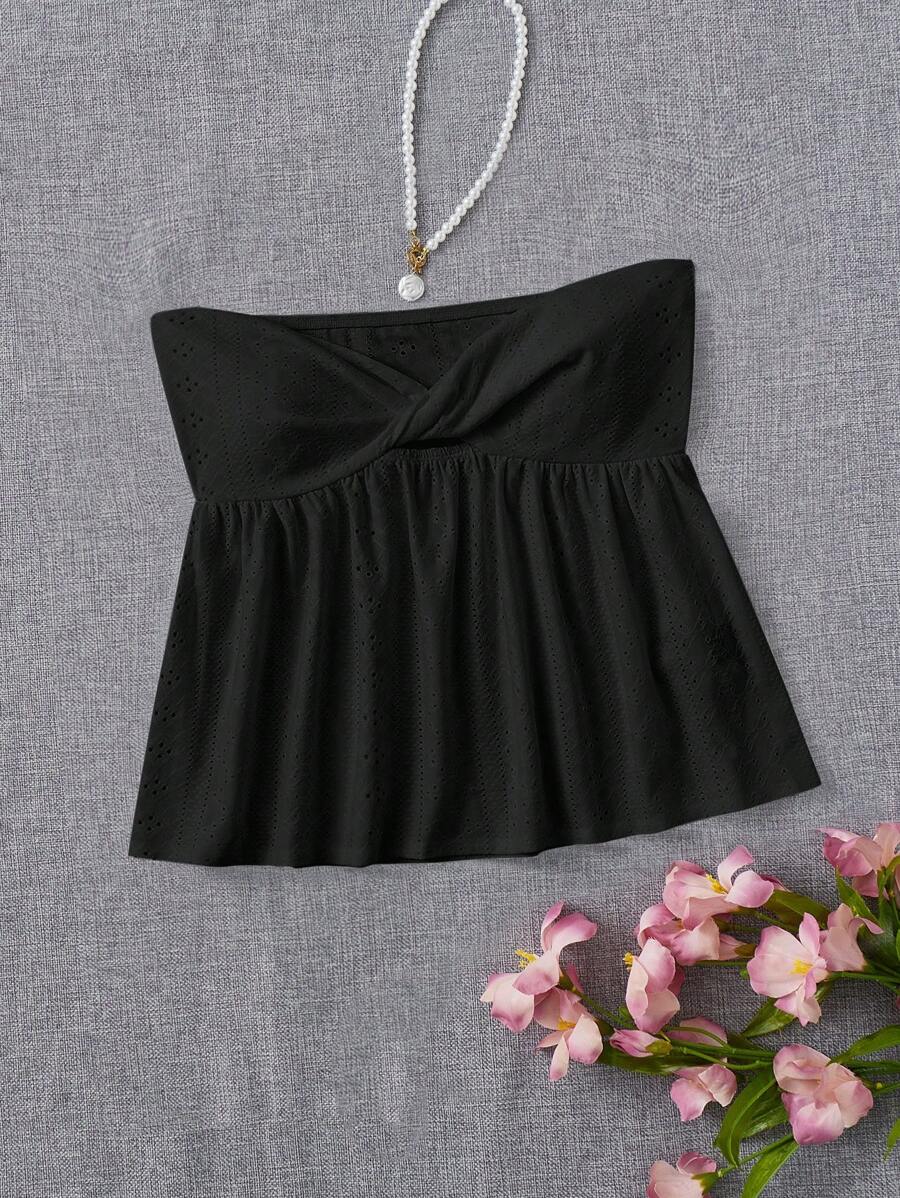 SHEIN EZwear Twist Front Ruffle Hem Tube Top - Black - View 1