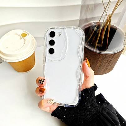 1个简约纯色透明3D波浪边创意防摔手机壳，兼容三星S23/S22/S21/A02/A03/A10s/A20s/A21s/A11/A12/A14/A23/A24/A25/A31/A33/A34/A50/A52/A53/A54/A72/A73/Plus/Ultra/S20fe/Fe，防水防震防刮。