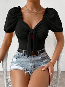 Chiquease Áo thun nữ Thắt nơ trước viền lá sen Gân đan màu trơn Giải trí - màu đen - Xem 4