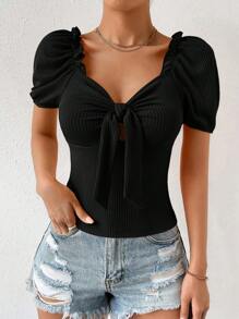 Chiquease Áo thun nữ Thắt nơ trước viền lá sen Gân đan màu trơn Giải trí - màu đen - Xem 6